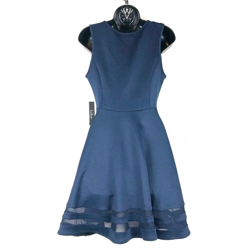 LULU’s Blue Sheer Determination Navy Blue Mesh Skater Dress Small New With Tags - Picture 3 of 10